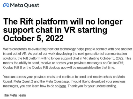 Meta 将于 10 月 5 日终止对 Oculus Rift 平台的聊天支持