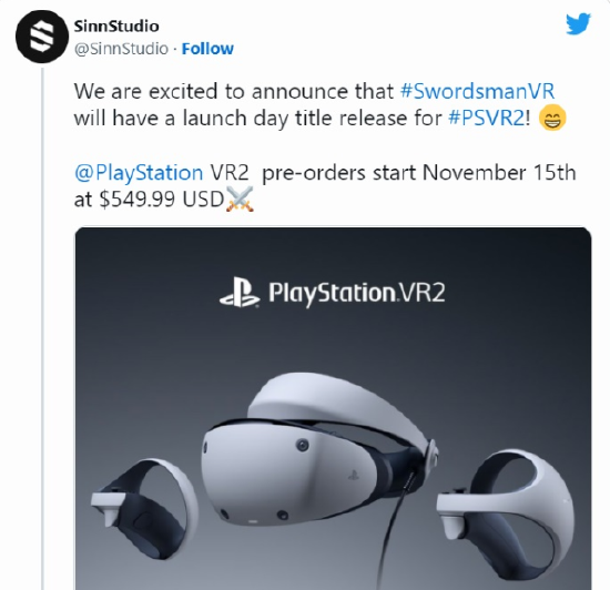 VR 动作游戏《 Swordsman VR 》将作为 PSVR2 首发游戏之一发布
