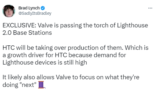 Brad Lynch：HTC 将接手 Lighthouse 2.0 基站的生产