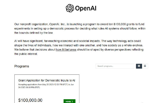 OpenAI 将启动总计 100 万美元的资助计划，以推动 ChatGPT 民主进程