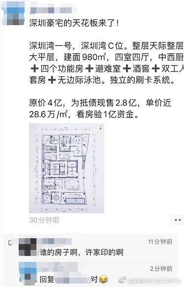 曝许家印4亿豪宅降1.2亿甩卖 沈义人都收到中介短信了