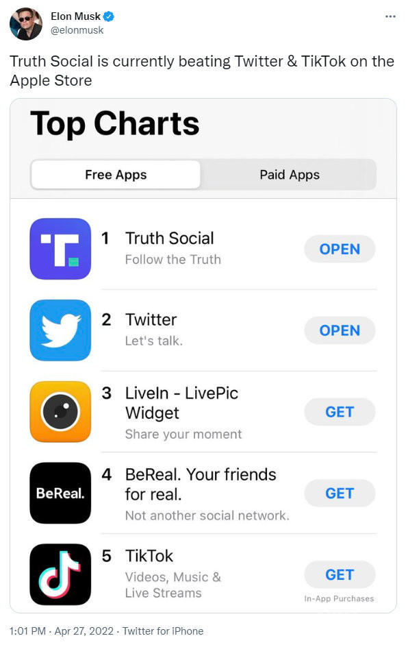成了？特朗普社交App登顶App Store 马斯克都来祝贺