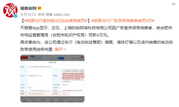 哈啰出行被罚款四万元 因广告宣传误导消费者认知