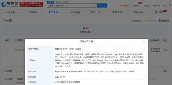 处以罚款40万！索尼广告制作商因违反广告法被罚