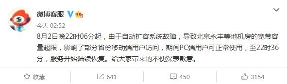 微博回应宕机：自动扩容系统故障 已陆续恢复服务