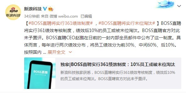 曝BOSS直聘实行361绩效制度 10%员工或被末位淘汰