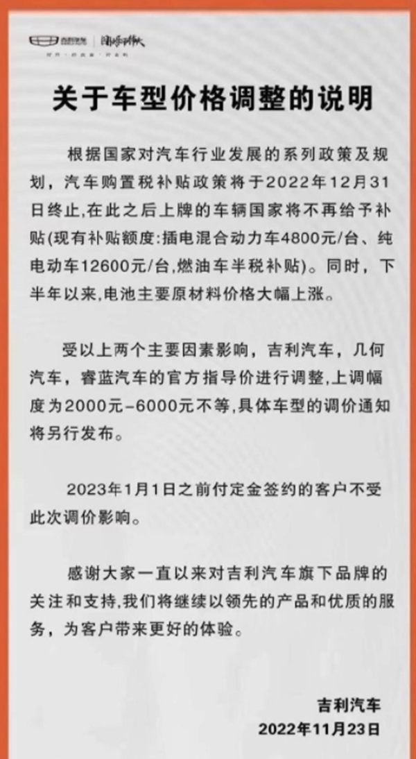 吉利汽车将于明年上调车辆售价 价格涨幅2000-6000不等