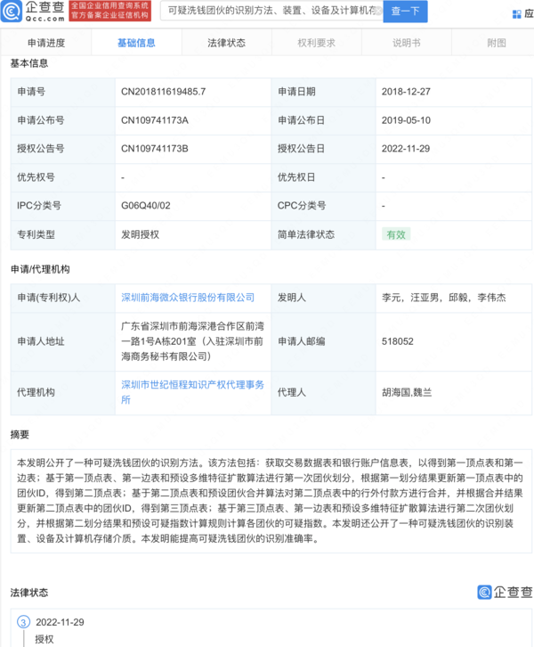 微众银行新专利：能提高可疑洗钱团伙的识别准确率