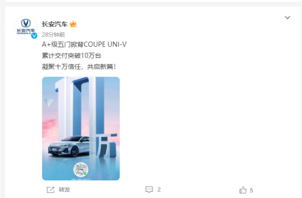 年轻人的第一辆轿跑！长安UNI-V累计交付突破10万台