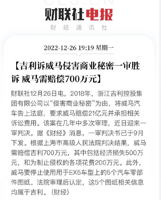 吉利起诉威马侵害商业机密一审胜诉！后者需赔700万