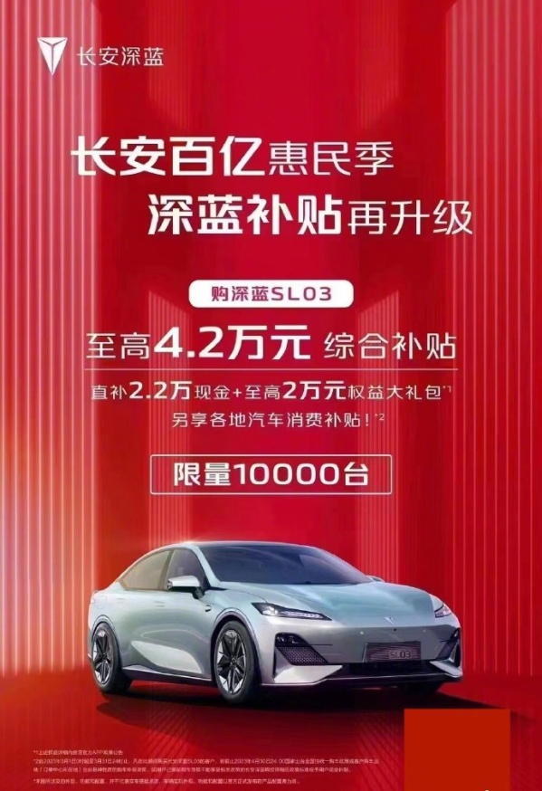 长安深蓝SL03限时补贴！直降2.2万元 14.99万可提车