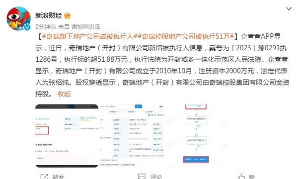 奇瑞旗下地产公司成被执行人 执行标的超51.88万元