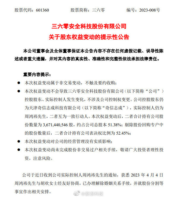 A股又现天价分手费！周鸿祎离婚转让近90亿元股票