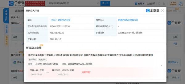 奇瑞汽车被强制执行超9.55亿元！涉及合同纠纷案