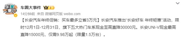 长安汽车年终促销 至高直降30000元 冲刺280万辆销量