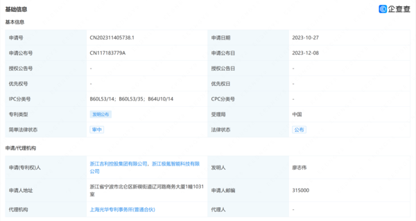 吉利与极氪共同申请 无人机为汽车充电专利公布