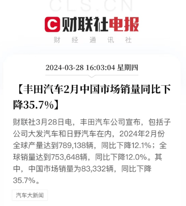 丰田汽车2月中国市场销量83332辆 同比下降35.7%