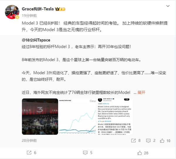 特斯拉副总裁陶琳：Model 3是当之无愧的行业标杆