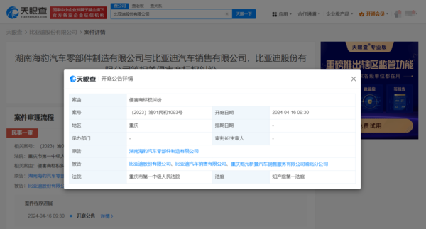 海豹汽车零部件公司诉比亚迪侵权 4月16日正式开庭