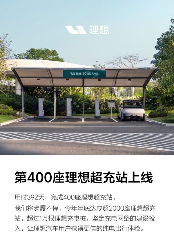 理想汽车第400座理想超充站上线 年底将超2000座