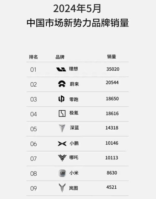 5月新势力销量排名公布 小米暂列第八 老大还是这位