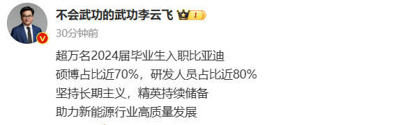 超万名毕业生入职比亚迪 硕博占七成 员工总数超70万