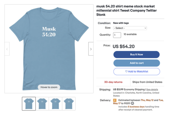 “马斯克54.20”收购推特纪念T恤上线 猜猜多少钱一件？