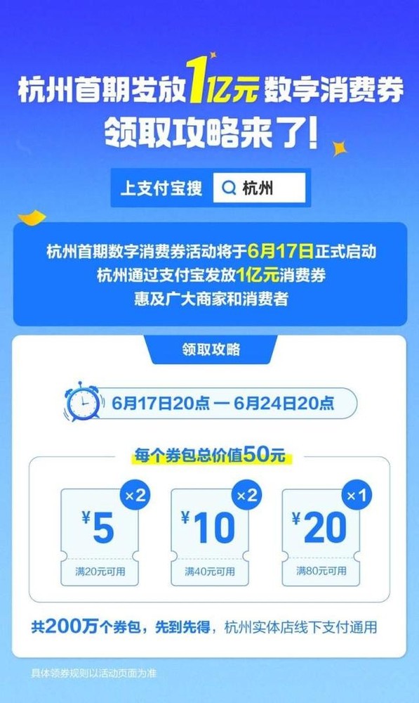 6月17日起！杭州将发放200万个数字消费券 总额1亿元