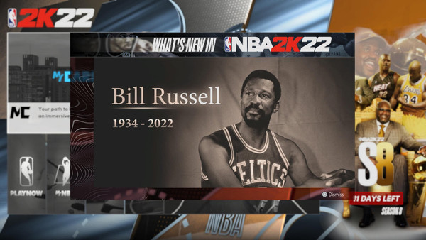 再见传奇!NBA 2K纪念比尔·拉塞尔在游戏内推送悼念页