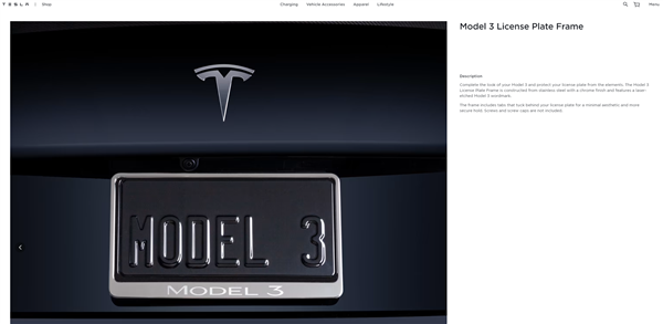Model 3和Model Y专属 特斯拉推出官方牌照架 售270元