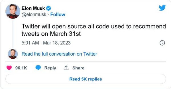 马斯克发话 推特将于3月31日开放其推荐机制的源代码