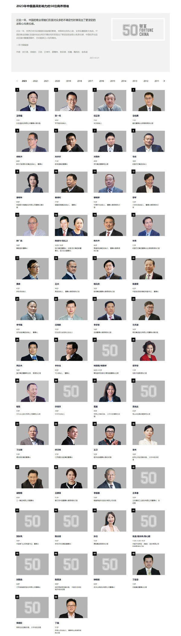 2023中国最具影响力50位商界领袖公布：王传福领衔