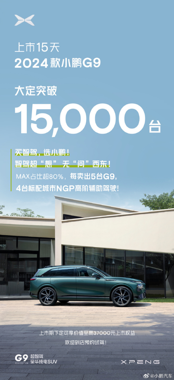 2024款小鹏G9上市15天大定破15000台 MAX占比超80%