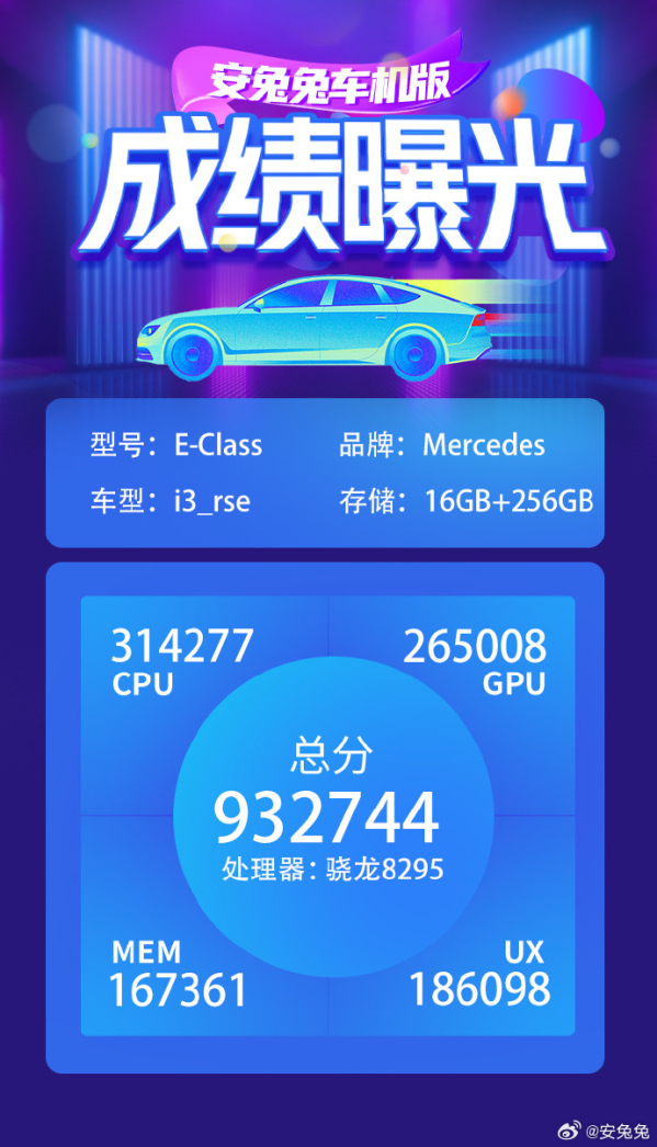 全新奔驰E级车机跑分曝光 搭载骁龙8295取得93万分