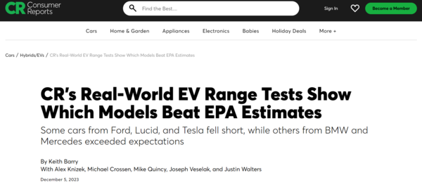 消费者报告：美国市场近半电动汽车续航未达EPA标称值