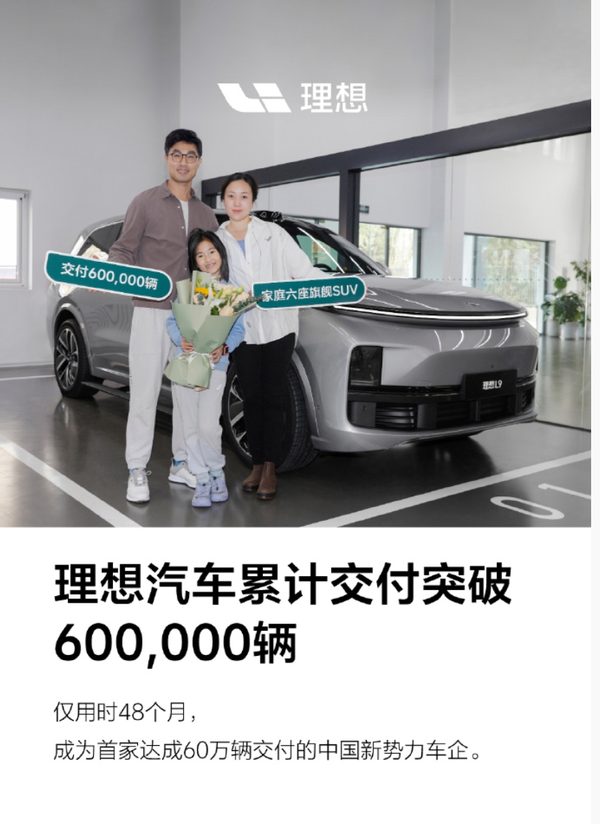 强！理想成为首家达成60万辆交付的中国新势力车企
