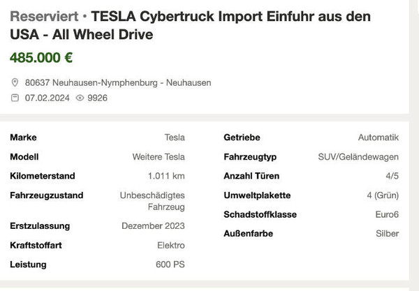 特斯拉Cybertruck在德国挂出375万天价 买到即赚翻？