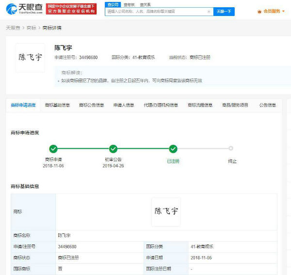 “陈飞宇”“阿瑟”被多家公司抢注 最早申请于2016年
