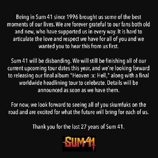 摇滚乐队Sum 41宣布解散 《Heaven ：x： Hell》将是最后一张专辑