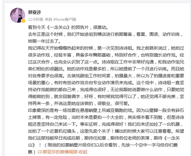 《一念关山》动作导演回应刘诗诗替身争议  夸刘诗诗敬业